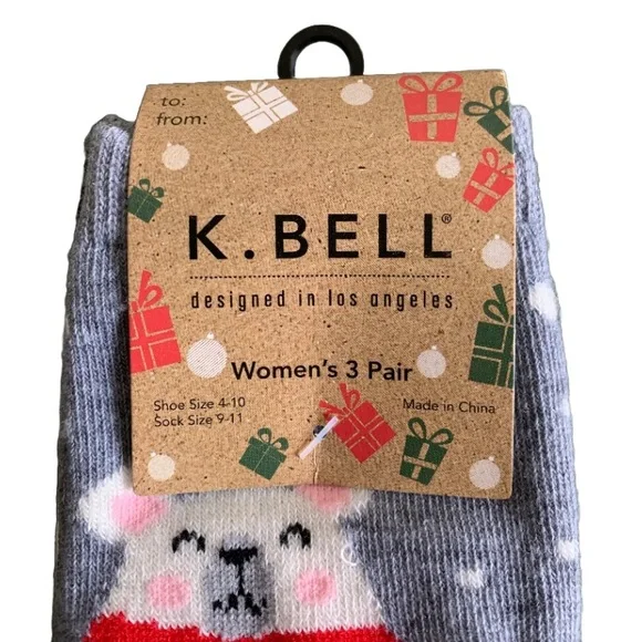 NWT K. BELL Women’s Novelty 3-pack Beary Christmas/Holiday Crew Socks - Picture 2 of 6